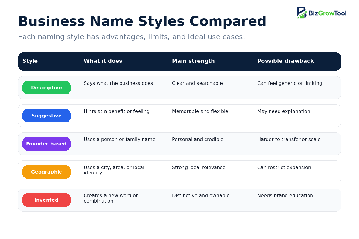 Comparison of descriptive, suggestive, founder-based, geographic, and invented business name styles with strengths and possible drawbacks