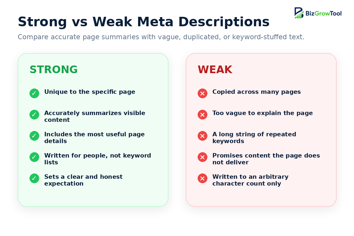 Strong versus weak meta description comparison covering unique summaries, page accuracy, useful details, keyword stuffing, misleading promises, and arbitrary length targets