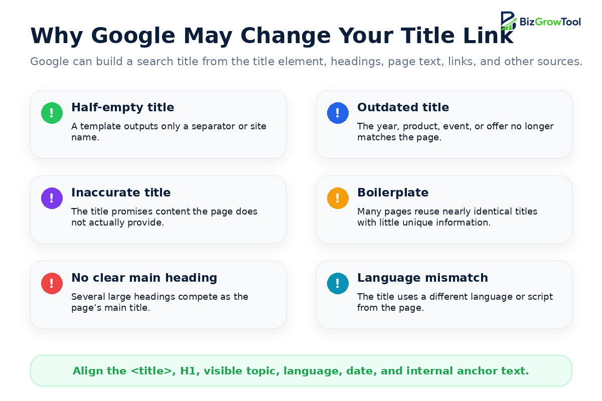 Reasons Google may rewrite title links including half-empty, outdated, inaccurate, boilerplate, unclear main heading, and language-mismatch titles